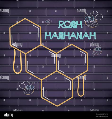 Rosh Hashanah Neon Poster Honeycomb With Honey Vector Stock Vector