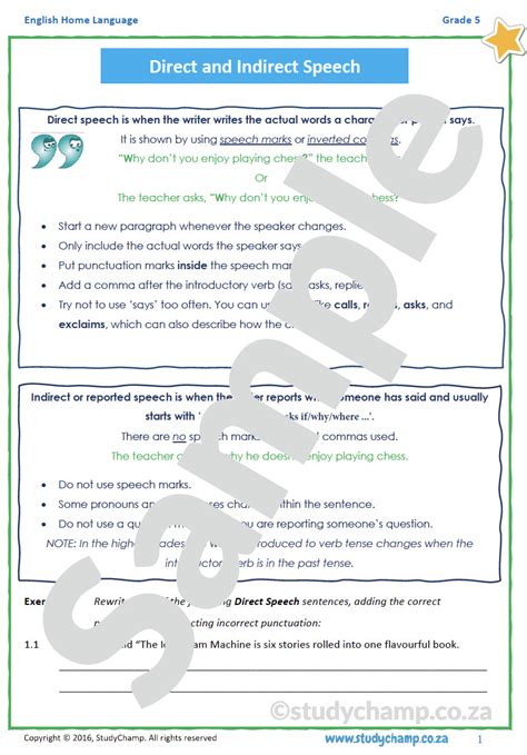 Grade 5 English Worksheet Direct And Indirect Speech