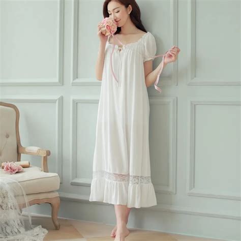 Women Short Sleeves Nightgown Summer New Slash Neck Sleepwear Cotton White Lace Loose Nightgowns