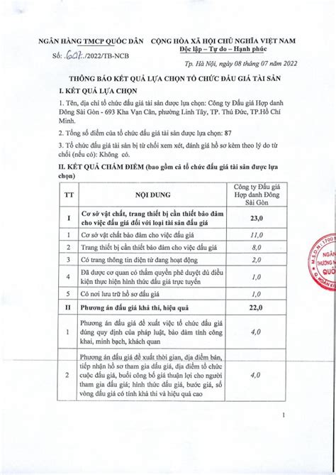 NCB Ngân Hàng Quốc Dân THÔNG BÁO KẾT QUẢ LỰA CHỌN TỔ CHỨC BÁN ĐẤU