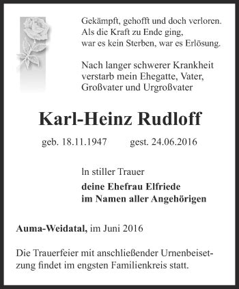 Traueranzeigen Von Karl Heinz Rudloff Trauer In Thueringen De