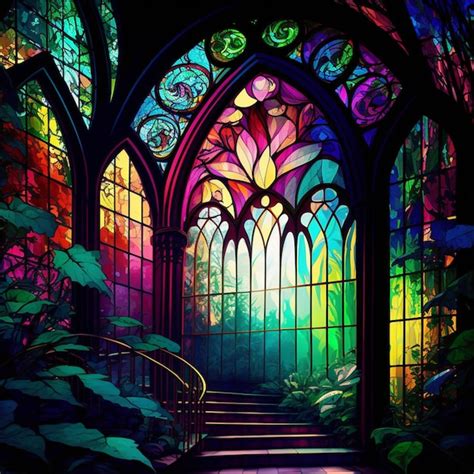 Premium Ai Image A Brightly Colored Stained Glass Window With Stairs Leading To A Stairway