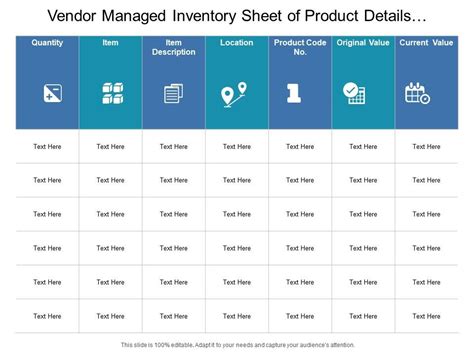 Vendor Managed Inventory Sheet Of Product Details Templates Powerpoint Presentation Slides