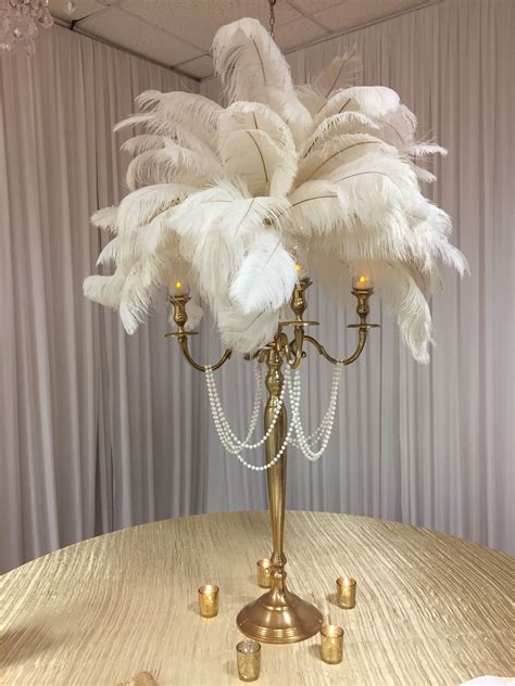 Gatsby Themed Centerpiece White Feathers Beads Candelabra Feather