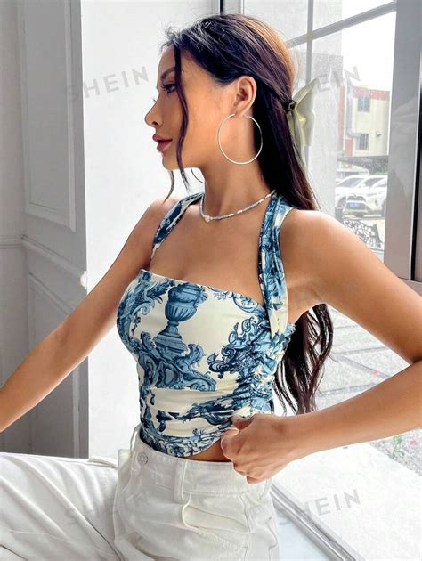 Shein Ezwear Women S Summer Y2k Halterneck Smocked Waist Graphic Print Tank Top Shein Usa