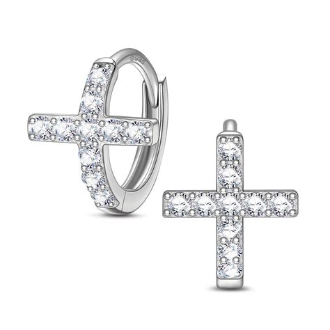 Sterling Silver Cross Hoop Earrings In White Gold Plated Gona