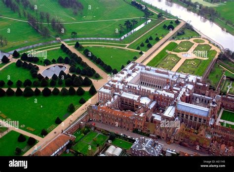 Aerial View Of Hampton Court Palace And Gardens In Greater London Stock