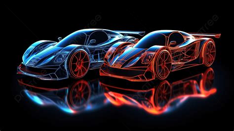 Two Futuristic Cars Background Neon 3d Illustration Of The Outlines