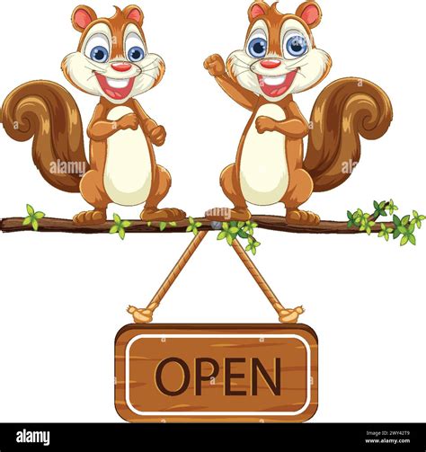 Two Happy Squirrels Holding An Open Sign Stock Vector Image Art Alamy