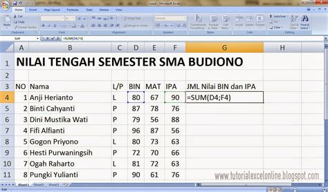 Cara Menjumlahkan Nilai Siswa Pada Microsoft Excel Tutorial Excel