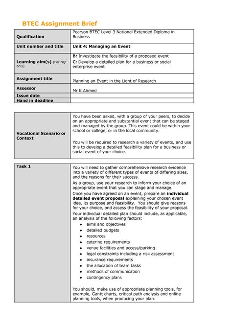 Authorised Assignment Brief For Learning Aim B And C Unit 4 BTEC