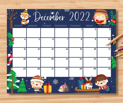 Editable December 2022 Calendar Kids In Winter Christmas Cute Printable