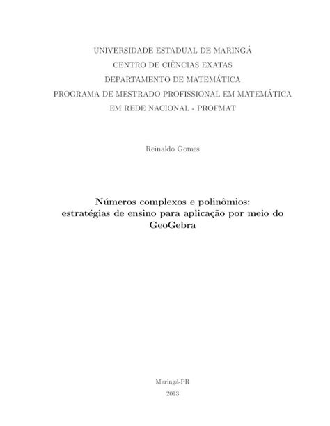 Pdf Numeros Complexos E Polin Omios Estrategias De Ensino