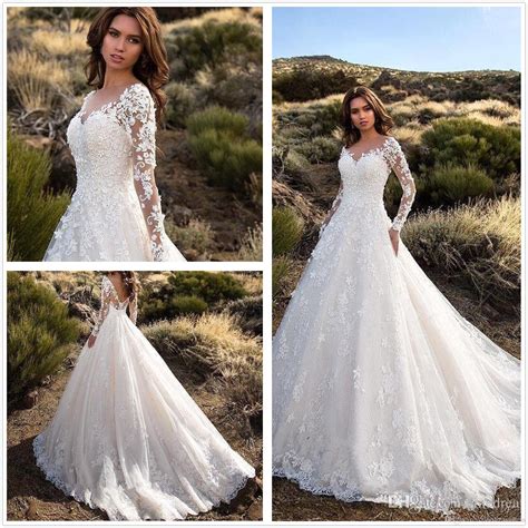 Sheer Long Sleeves Lace A Line Wedding Dresses Tulle Applique Court