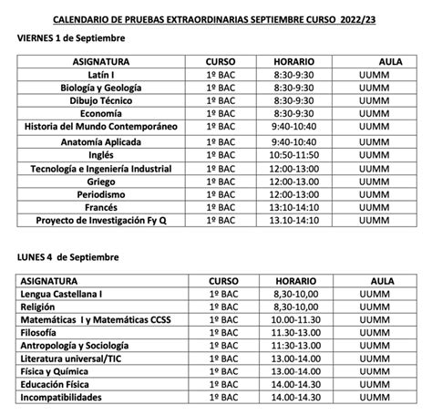 Calendario De Pruebas Extraordinarias Septiembre