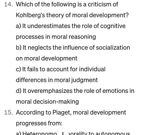 Solved Which of the following is a criticism of Kohlberg's | Chegg.com