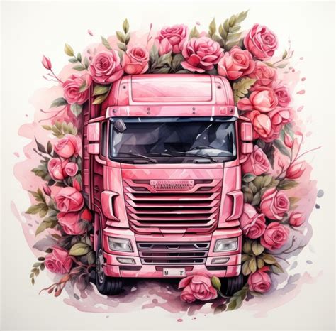 Premium Ai Image Watercolor Truck With Red Roses On It And Green