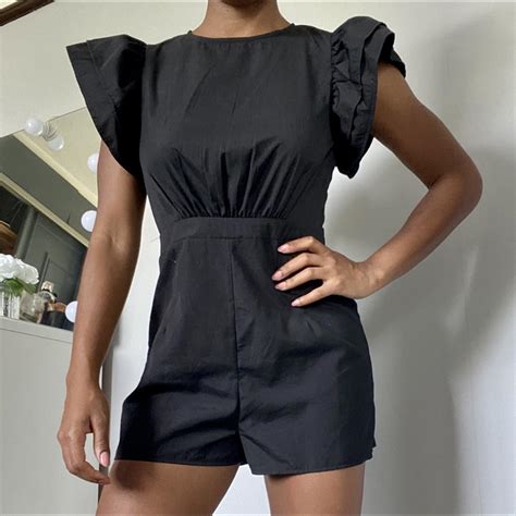 Missguided Black Frill Short Sleeve Playsuit Size 8 Depop