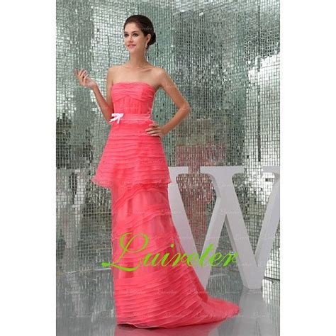 Strapless Watermelon Organza Ruffles Evening Dress