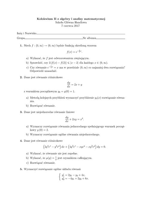 Kolokwium Alganal Kolokwium Ii Z Algebry I Analizy Matematycznej