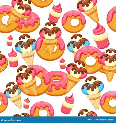 Pattern Ice Cream And Donut With Pink Glaze Vector Illustration Eps 10