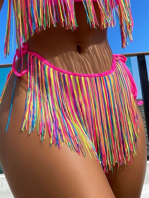 Shein Swim Vcay Colorful Stripe Fringe Hem Tie Side Bikini Bottom