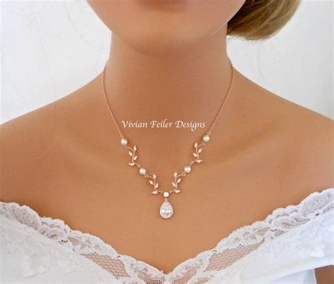 Rose Gold Bridal Necklace Vine Y Wedding Necklace White Or Etsy