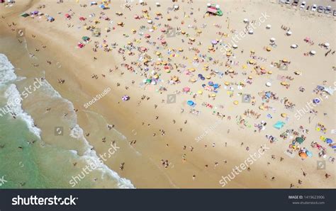 Crowded Public Beach Colourful Umbrellas Aerial Stock Photo 1419623906