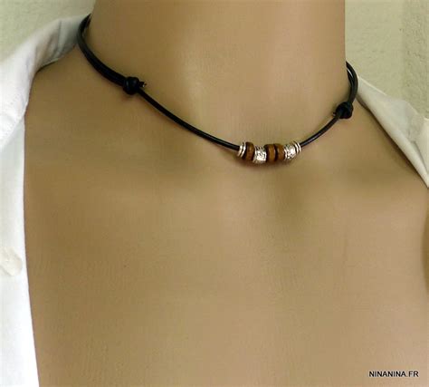 Collier Homme Cordon Cuir Rondelles Bois Et M Tal Ninanina