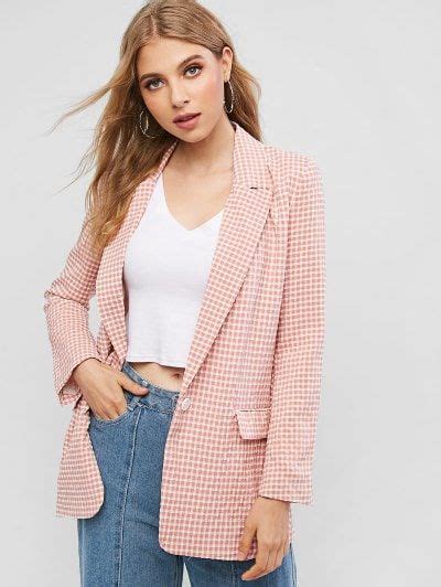 Zaful One Buttoned Flap Pockets Gingham Blazer Work Outfits Women