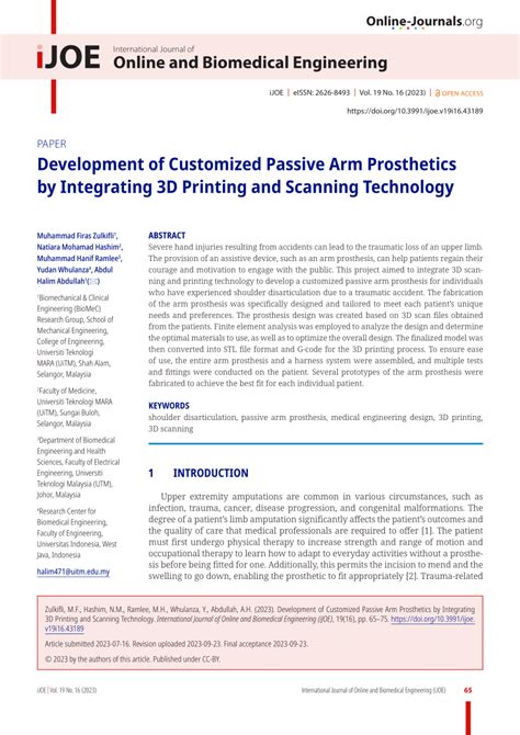 Pdf Development Of Customized Passive Arm Prosthetics By Integrating 3d Printing And Scanning