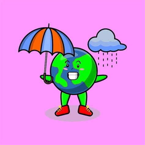 Personnage De Dessin Anim Mignon Terre Sous La Pluie Et L Aide D Un