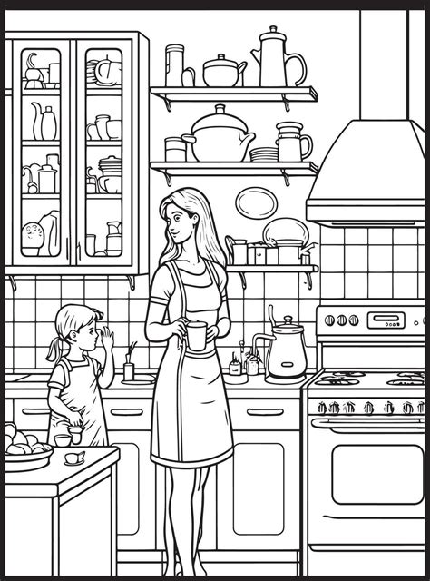 Mother Son Kitchen Coloring Page 23175348 Vector Art At Vecteezy