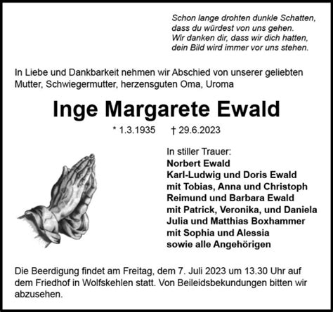 Traueranzeigen Von Inge Margarete Ewald Vrm Trauer De