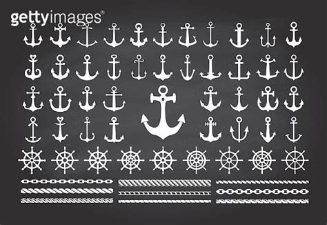 Set Of Icons Of Sea Theme On A Blackbord Background Anchors Ropes And