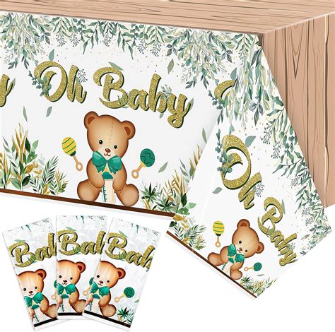 Unbess Pcs Sage Green Bear Baby Shower Table Cover Plastic Disposable