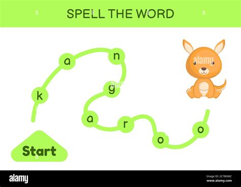 Maze for kids. Spelling word game template. Learn to read word kangaroo ...