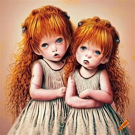 Cute And Adorable Ginger Haired Dressed Girls Illustration By Haeckel