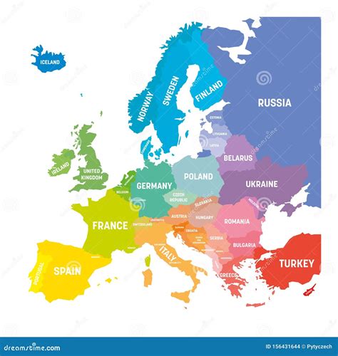 Kaart Van Europa In Kleuren Van Het Regenboogspectrum Met Namen Van