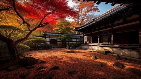 Japanese Gardens Under An Autumn Sun Background Autumn Leaves Of