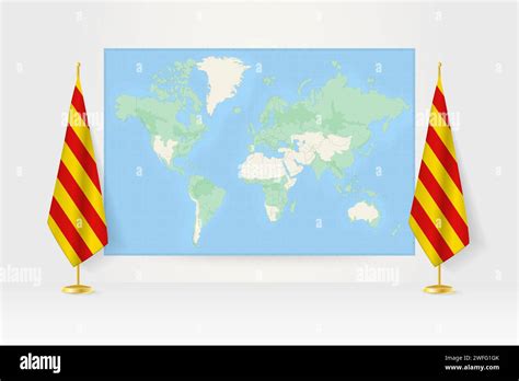 World Map Between Two Hanging Flags Of Catalonia On Flag Stand Vector Illustration For