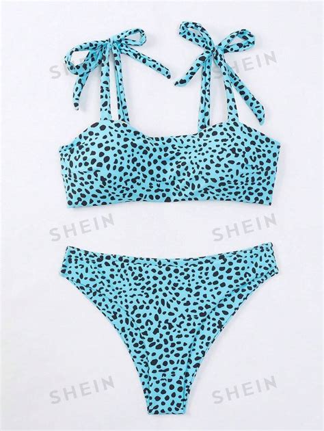 SHEIN Swim Conjunto de Maiô Bikini Alça de Laço Estampa Dálmata