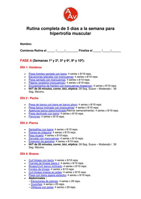 Rutina Completa Cinco Dias Semana Para Hipertrofia Muscular Rutina