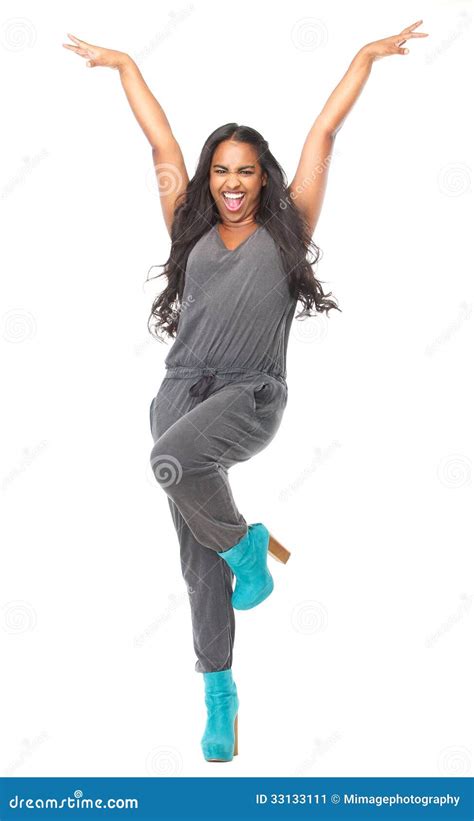 Woman Standing With Arms Raised And Happy Expression Stock Image Image Of Cheerful African