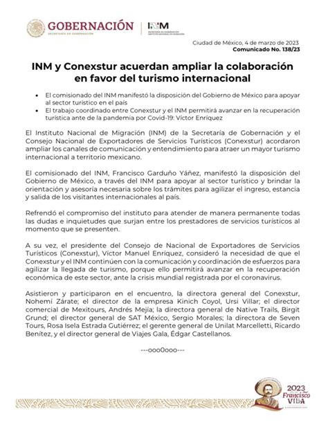 INM On Twitter Comunicado INAMI Mx Y CONEXSTUR Acuerdan