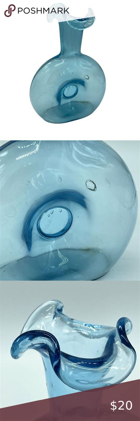 Vintage Blenko Pinched Art Glass Vase Blue Ruffled Trim Unmarked 65 Art Glass Vase Glass