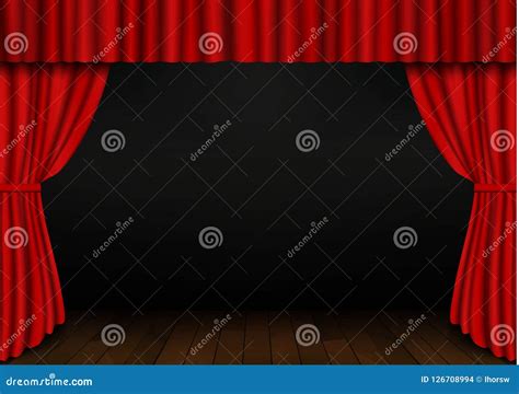 Red Open Curtain with Wood Floor in Theater. Velvet Fabric Cinema ...