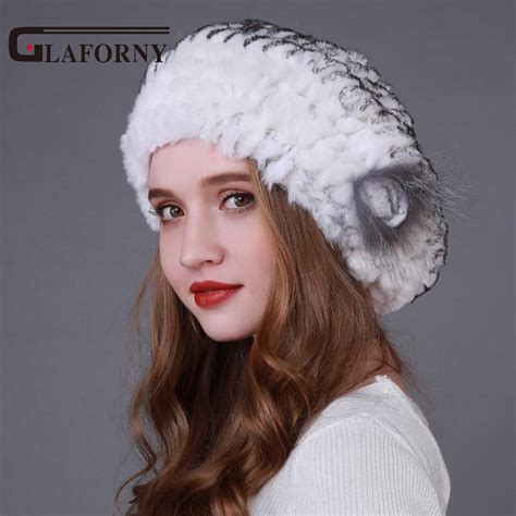 Glaforny Winter Real Rex Rabbit Fur Hat Beret Fur Cap Winter