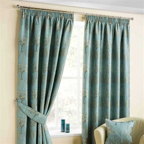 Duck Egg Blue Jacquard Curtain Pair Embroidered Trees Design