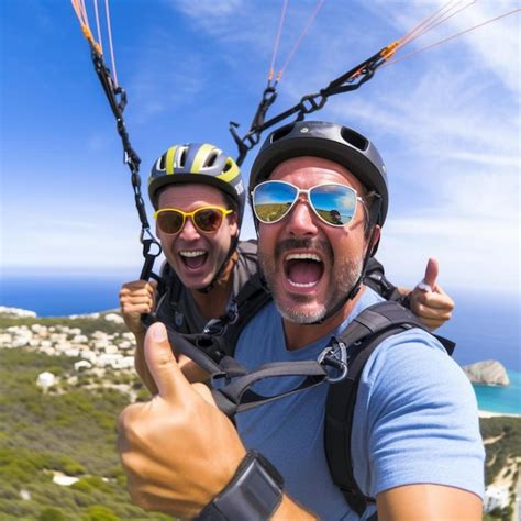 Premium Photo First Flight With A Tandem Paragliding Instructor